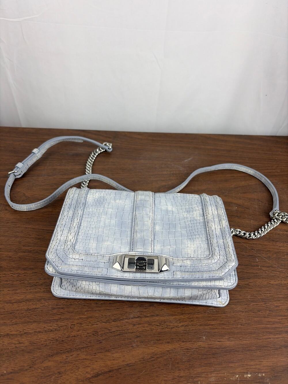 Rebecca Minkoff Small Love Crossbody Bag Silver Croc Embossed Leather